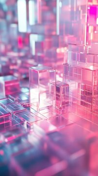 Ciudad futurista abstracta con estructuras de cristal en tonos rosados y azulados, representando tecnolog&iacute;a moderna y dise&ntilde;o digital