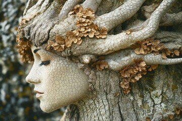 Tree-integrated female sculpture featuring nature-inspired design