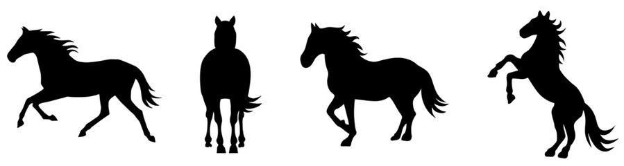 馬のシルエット集、4種類のポーズ、黒のシンプルなデザイン