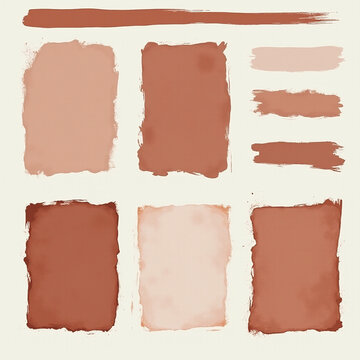 A collection of hand-painted watercolor swatches in earthy tones of terracotta and beige, showcasing various brushstroke styles and textures.