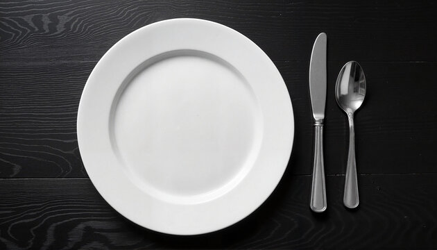 Empty dinner plate with cutlery on dark wooden surface, simplicity, World Hunger Day, with copy space