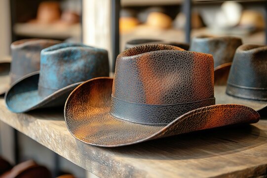 Rustic leather cowboy hats displayed on wooden shelf in western store