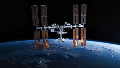 Glowing International Space Station above Earth, cosmic perspective, International Space Day with copy space