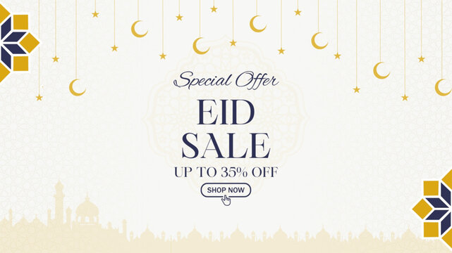 Eid Sale Banner, Islamic Ornament Lantern, moon, star and mosque white Background