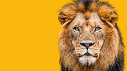 Fototapeta premium A majestic male lion with a full mane against a vibrant yellow background, exuding power and confidence in its gaze.