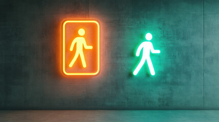Safety aspects, A glowing 3D model of a fire exit sign designed for high fidelity visuals in dark environments.