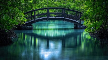 Fototapeta premium Serene Bridge Over Teal Waters in Lush Tropical Paradise
