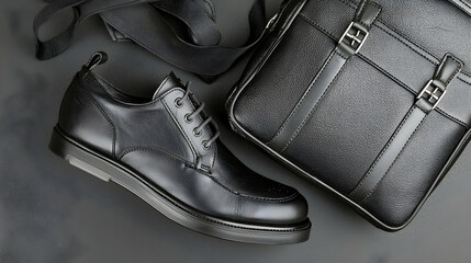 Black leather shoes and bag on dark surface