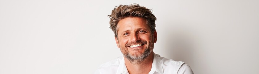 Obraz premium A smiling man with tousled hair poses against a plain background, exuding confidence and approachability.