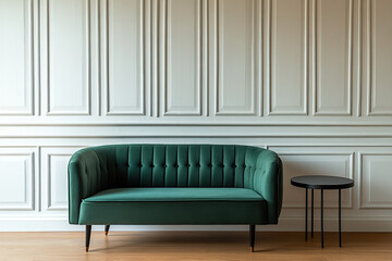 Green sofa with minimalist table in bright interior