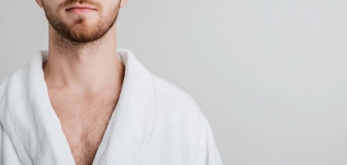Fototapeta premium A relaxed man in a white bathrobe, with a close-up view focusing on his upper body and a neutral background.