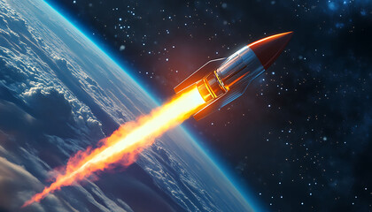 A flaming meteor streaking through the Earth atmosphere, leaving a bright trail of light. The image feels dramatic and cosmic.
