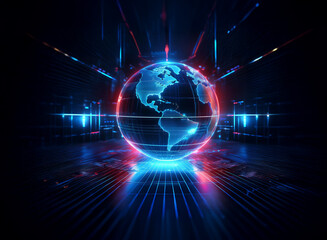 A glowing digital globe, encircled by vibrant red and blue energy beams, sits in a dark, futuristic cityscape.  The image suggests global connectivity and technological advancement.