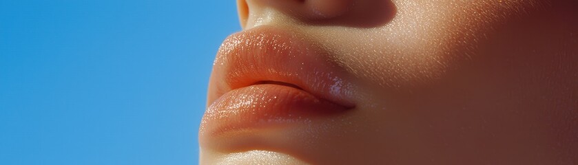 Fototapeta premium Close-up of soft, glossy lips against a bright blue sky, conveying beauty and vibrancy.