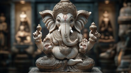 Fototapeta premium Intricate ganesha statue in dimly lit temple environment displaying symbolic mudras