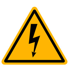 High voltage danger warning sign. Triangular yellow sign with black border and lightning bolt symbol with isolated background.