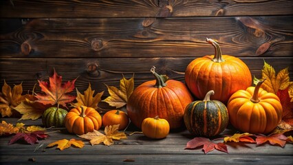 Fall festivities with pumpkins and leaves on a dark wooden background, creating a cozy atmosphere , harvest theme, holiday decoration