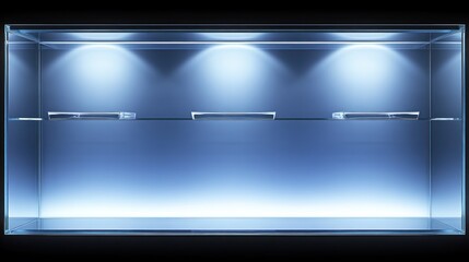 Empty Glass Showcase with Blue Lighting