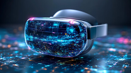 A virtual reality headset with an abstract futuristic city visible in the lenses