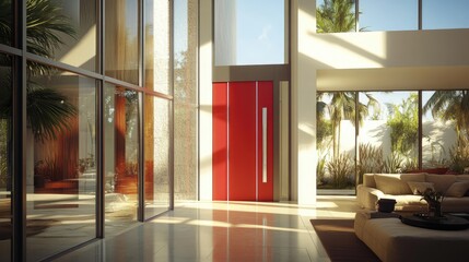 Obraz premium A vibrant red door set against white walls in a contemporary living space.