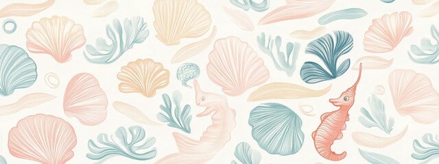 Pastel Doodle Wrapping Paper with Shells and Seahorses, whimsical design perfect for beach-themed gifts and celebrations