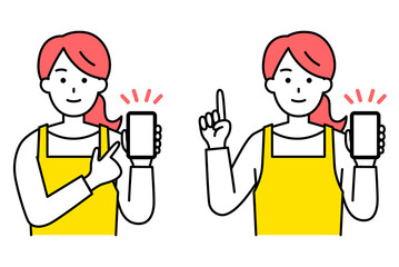 スマートフォンの画面を見せて説明するエプロン姿の女性　セット