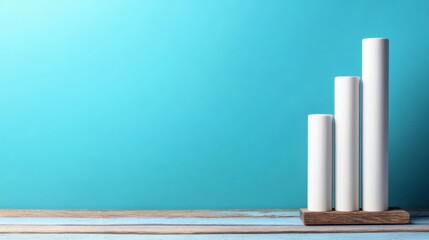 A minimalist image of three ascending cylindrical shapes on a wooden surface against a vibrant blue background, symbolizing growth and progress.