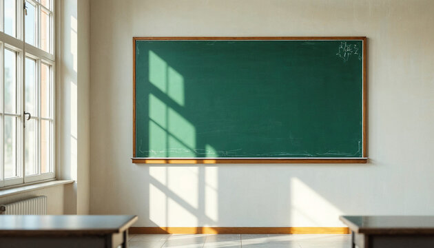 Classroom with a chalkboard illuminated by sunlight in a serene learning environment