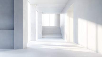 Sunlit minimalist white hallway with stairs and windows.