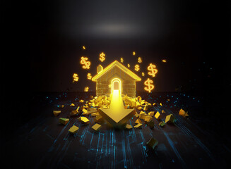 Glowing golden house symbol with dollar signs falling, sits atop a pile of broken gold, illuminated by an upward arrow.  Represents financial success and real estate investment.