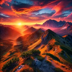 A breathtaking mountain landscape during sunset, vibrant colors, ultra-realistic
