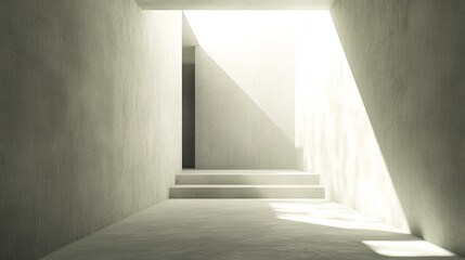Fototapeta premium Sunlit minimalist concrete hallway with stairs.