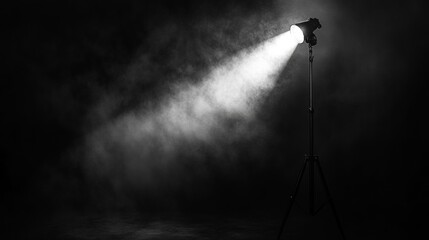 A spotlight casts a beam of light through smoky darkness, creating a dramatic atmosphere in black and white.
