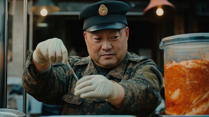 A dedicated chef in uniform meticulously crafts a dish at a lively street food stall, surrounded by vibrant lights and the aroma of spices. Evening vibes enhance the atmosphere.