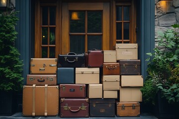 A stack of different sizes and colors suitcases, boxes, bags stands in front of the door to an apartment with dark blue walls