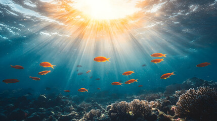 Obraz premium Sunbeams illuminate coral reef fish school, underwater ocean scene, nature background, ideal for marine conservation