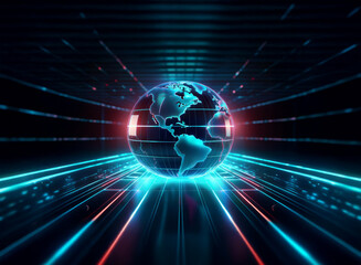 Obraz premium A digital rendering of Earth, glowing vibrantly within a futuristic, gridded tunnel of light streams. The scene evokes feelings of global connectivity and technological advancement.