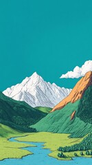 Serene Mountain Valley: Vivid Digital Illustration in a Minimalist Style. AI Generated