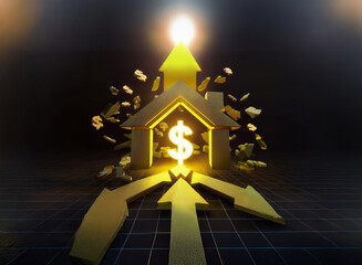 Golden house icon with dollar sign bursts upward, propelled by glowing arrows. Surrounding fragments suggest growth and transformation.