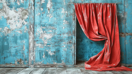 Vintage abstract interior backdrop with a red curtain and worn blue wall, featuring peeling paint and a shabby-style design. Perfect for photoshoot settings with vintage aesthetics, rustic charm, and 