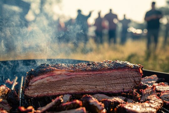 Smoky brisket sizzling on grill with friends enjoying Texas Inde
