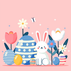 Easter characters illustration, cute white bunny with beautiful easter eggs in flat style. with empty space at the top