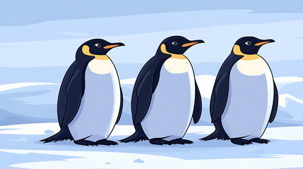 Fototapeta premium Three animated emperor penguins stand in a row on snow.