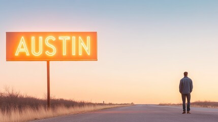 Obraz premium Lonely figure stands on road beside vibrant Austin sign at sunse