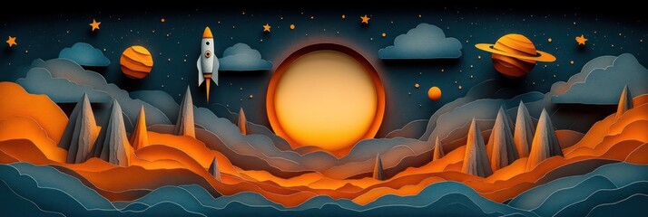 Cosmic Adventure: Paper Cut-Out Rocket Launching into a Starry Night Landscape