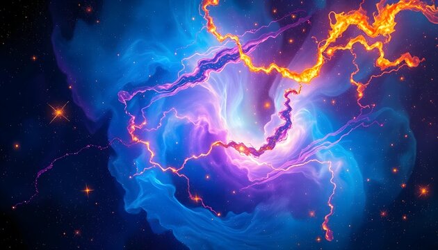 This captivating image showcases a vibrant cosmic nebula, featuring swirling, ethereal clouds of vibrant blue, purple, and orange hues.