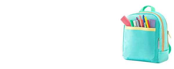 Indigo school backpack with colorful stationery isolated on white background.