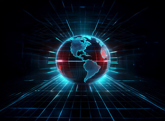 A glowing digital Earth, encircled by radiating lines of blue and red light, sits within a grid-like digital space, symbolizing global connectivity and technological advancement.
