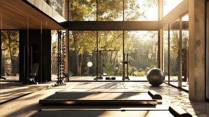 Fototapeta premium A spacious home gym with sleek workout equipment, floor-to-ceiling mirrors, and abundant natural light, designed for modern fitness enthusiasts. 