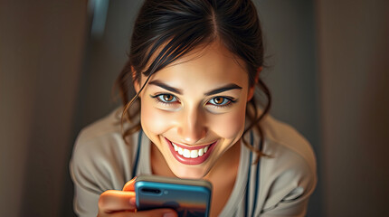 A woman chats with friends on her phone in admiration, communication via phone,